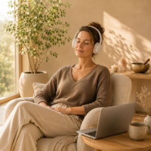 Frau bei einer Online Meditation mit Kopfhörern und Laptop
