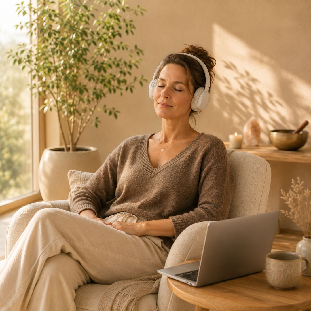 Frau bei einer Online Meditation mit Kopfhörern und Laptop
