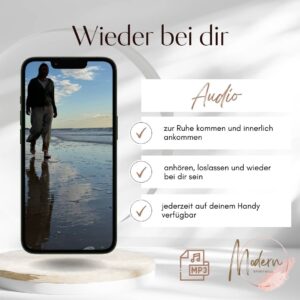 Audio Wieder bei dir als Schriftzug und Handy mit Bild einer Frau